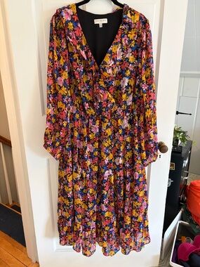 Long Sleeve Pink and Yellow Floral Knee Length Dress with Lining